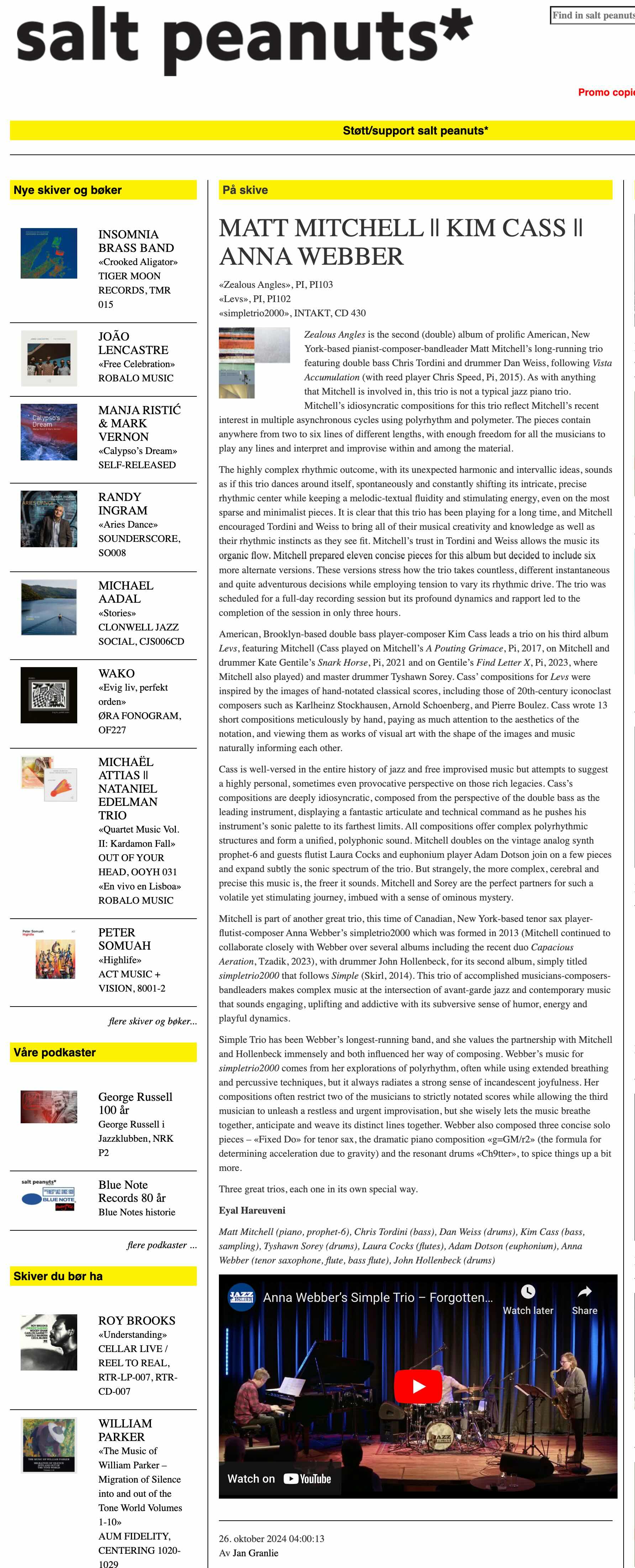 Zealous Angles is the second (double) album of prolific American, New York-based pianist-composer-bandleader Matt Mitchell’s long-running trio featuring double bass Chris Tordini and drummer Dan Weiss, following Vista Accumulation (with reed player Chris Speed, Pi, 2015). As with anything that Mitchell is involved in, this trio is not a typical jazz piano trio. Mitchell’s idiosyncratic compositions for this trio reflect Mitchell’s recent interest in multiple asynchronous cycles using polyrhythm and polymeter. The pieces contain anywhere from two to six lines of different lengths, with enough freedom for all the musicians to play any lines and interpret and improvise within and among the material.